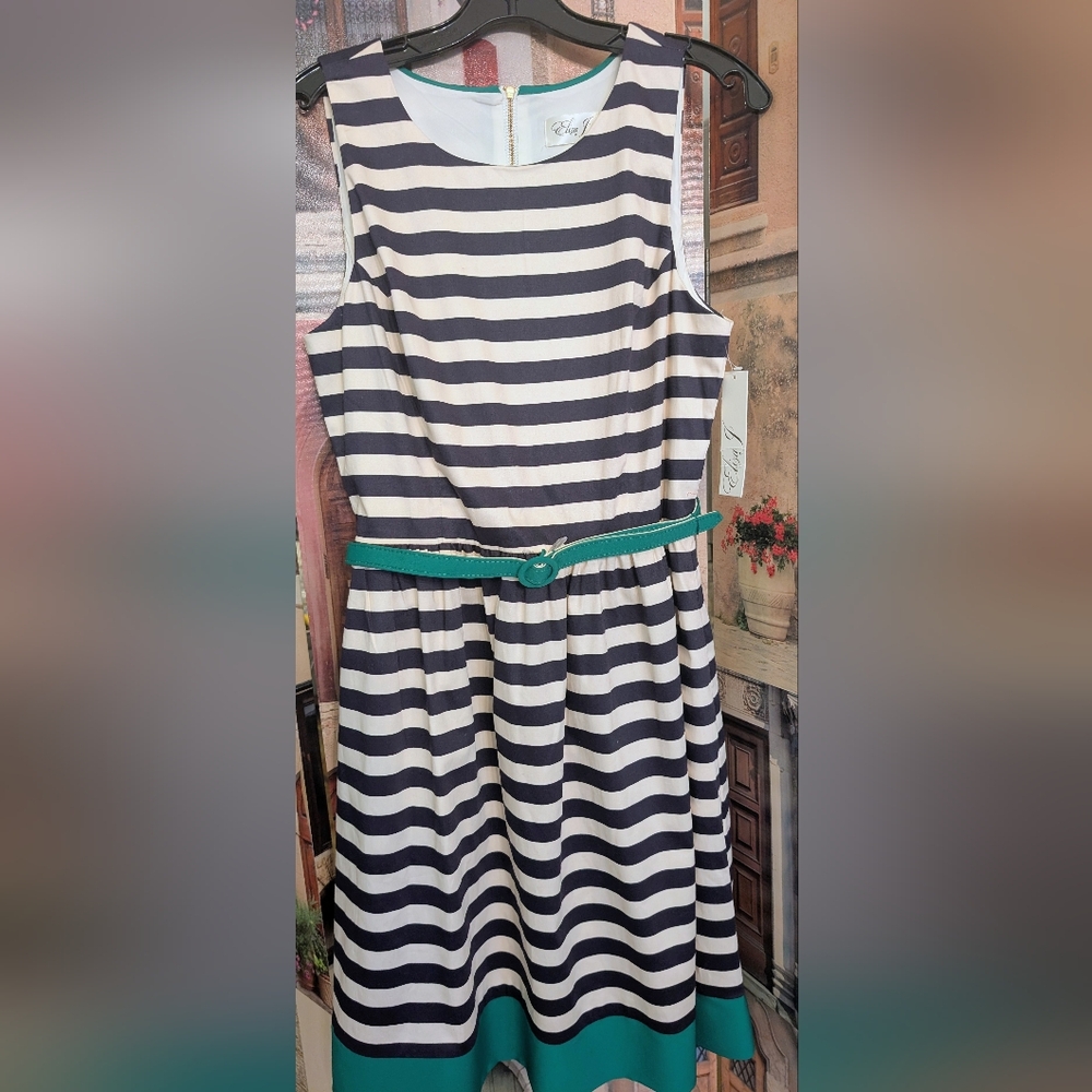Eliza J Navy and White Striped Midi Dress with Teal Belt